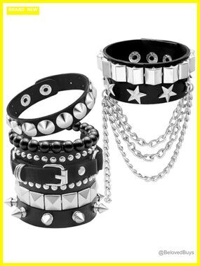 6 Pcs PU Leather Cuff Bracelets Set Punk Goth Spiked Studded